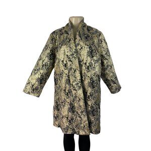 Natori Women's Gold & Black Metallic Brocade Open Front Long Sleeve Coat Sz M